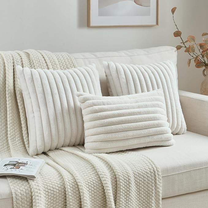 FUTEI Cream Throw Pillow Covers Set of 2, 12x20 Inch Striped Texture Lumbar - Image 4