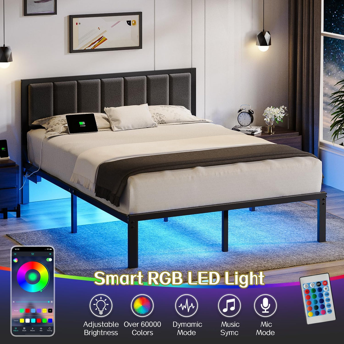 olevs queen bed frame with headboard, smart led, close-up detail