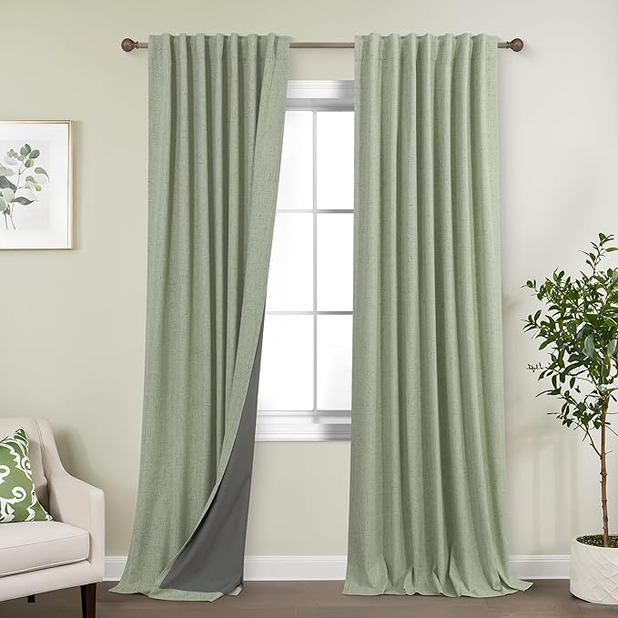 KOUFALL Back Tab Linen Blackout Curtains 92 Inches Long Light Sage by KOUFALL