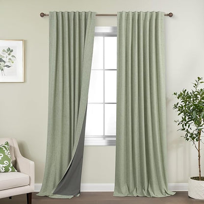 KOUFALL Back Tab Linen Blackout Curtains 92 Inches Long Light Sage by KOUFALL