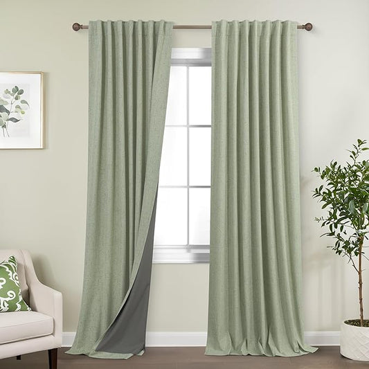 KOUFALL Back Tab Linen Blackout Curtains 92 Inches Long Light Sage by KOUFALL
