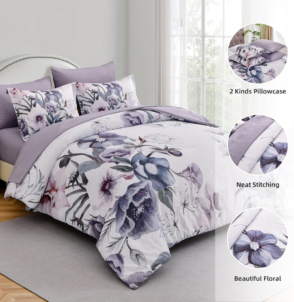Luxudecor Floral Comforter Set Queen Size 7 Piece, Purple Flower Bed in a Bag...