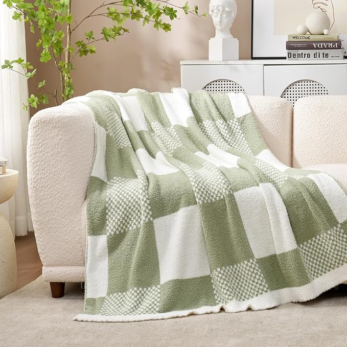 Snuggle Sac Checkered Blanket, Sage Green Throw Blanket - Image 5
