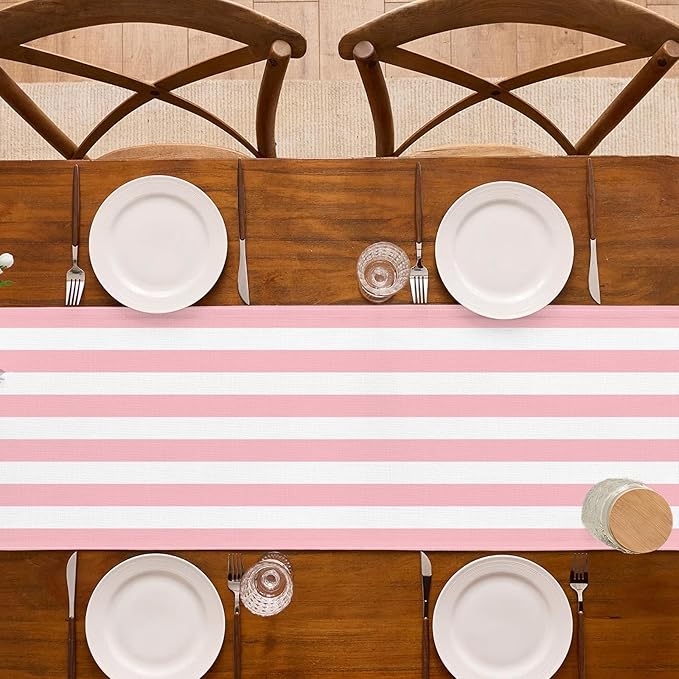 Pink and White Vertical Striped Table Runner Light Pink Birthday Party - Image 4