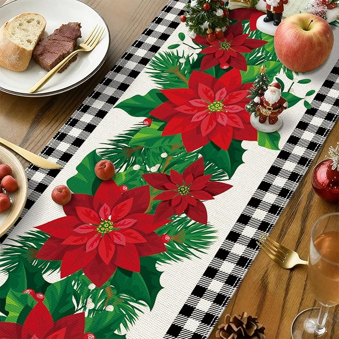 OTOSTAR Black and White Buffalo Check Plaid Holly Christmas Flowers Table Runner - Image 3