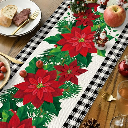 OTOSTAR Black and White Buffalo Check Plaid Holly Christmas Flowers Table Runner - Image 3