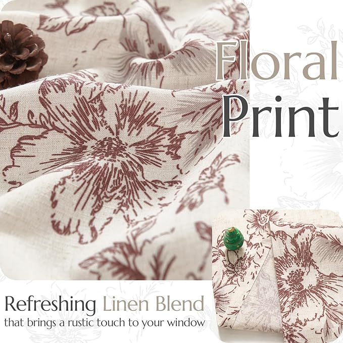 jinchan Floral Linen Tier Curtains Floral Brick Red on Beige Christmas - Image 6