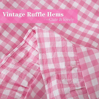 2 Pack Pink and White Plaid Ruffle Gingham King Size Pillow Shams, 100% Washed - Image 6