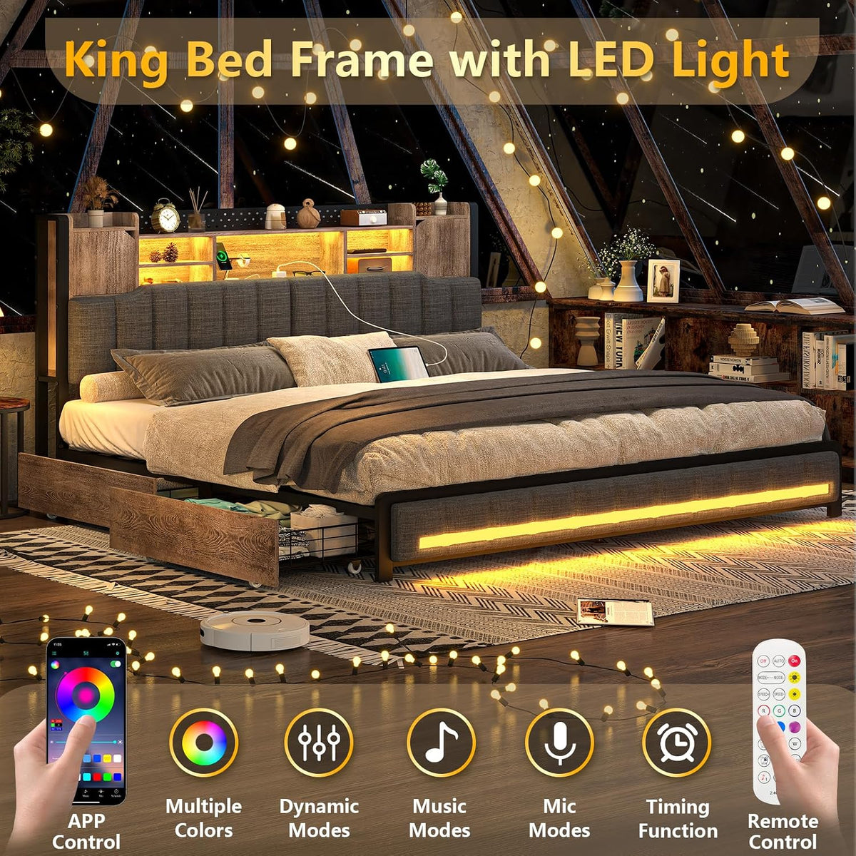 cszzd king size bed frame and bookcase headboard, side view