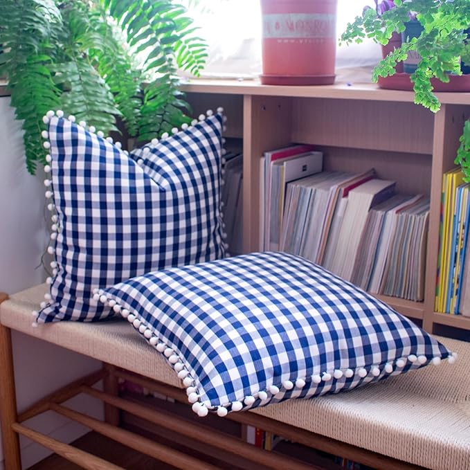 HOPLEE Farmhouse Gingham Pillow Covers Navy Blue Pillow Covers 18x18 Farmhouse - Image 2