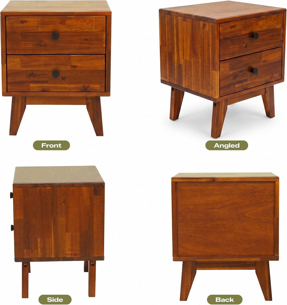 Acacia Silvia Nightstand with 2 Drawers, Solid Wood Bedside Table, Table with...