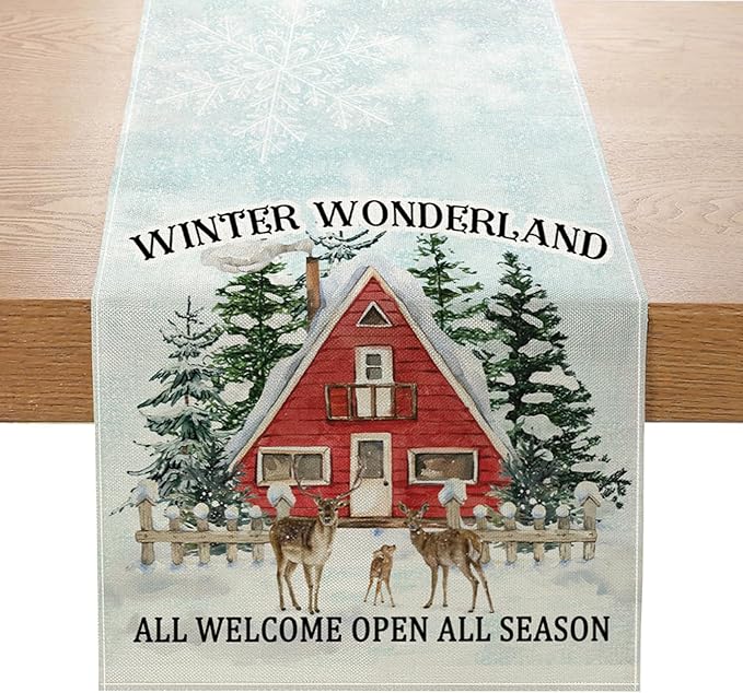 Winter Deer Trees Table Runner 13x72 Inch Snow Treehouse Winter Kitchen Dinning by ZCHOMI