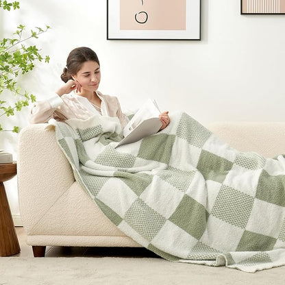 Snuggle Sac Checkered Blanket, Sage Green Throw Blanket - Image 3