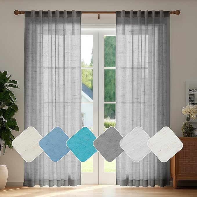 Deconovo Faux Linen Semi Sheer Curtains, 52x95 Inch Long, Light Filtering Voile by Deconovo
