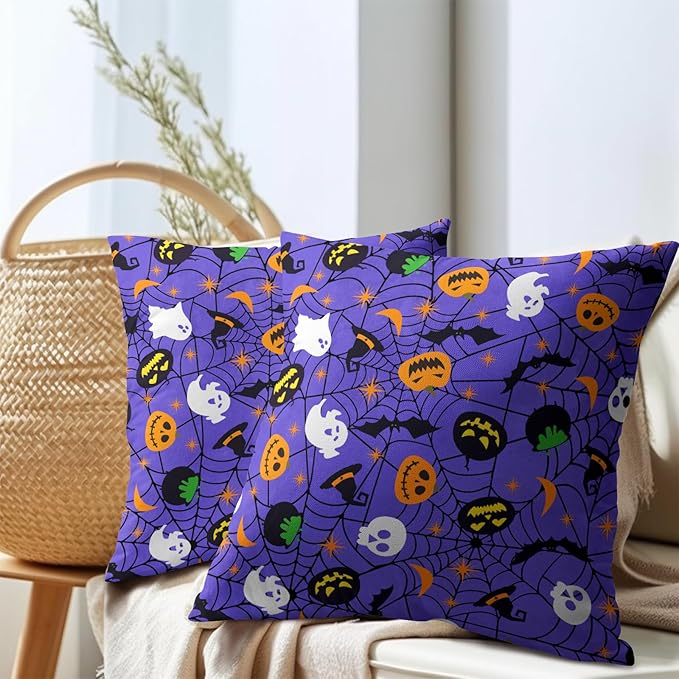 Halloween Purple Throw Pillow Covers 22x22 inch Set of 2 Humour Pumpkins Ghost - Image 7