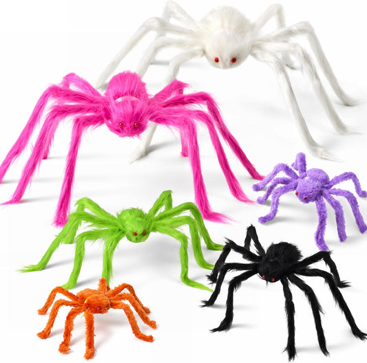 JOYIN 6 Packs Halloween Outdoor Decorations Colorful Giant Spiders Set, Halloween Decor Outside, Multicolor Hairy Large Spider with Different Size for Lawn, Yard Decor (30", 30", 20", 20", 12", 12")