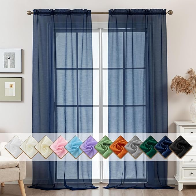 Navy Blue Sheer Curtains 108 Inches Extra Long, Privacy Semi Sheer Curtains by ABLUEN