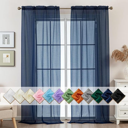Navy Blue Sheer Curtains 108 Inches Extra Long, Privacy Semi Sheer Curtains by ABLUEN
