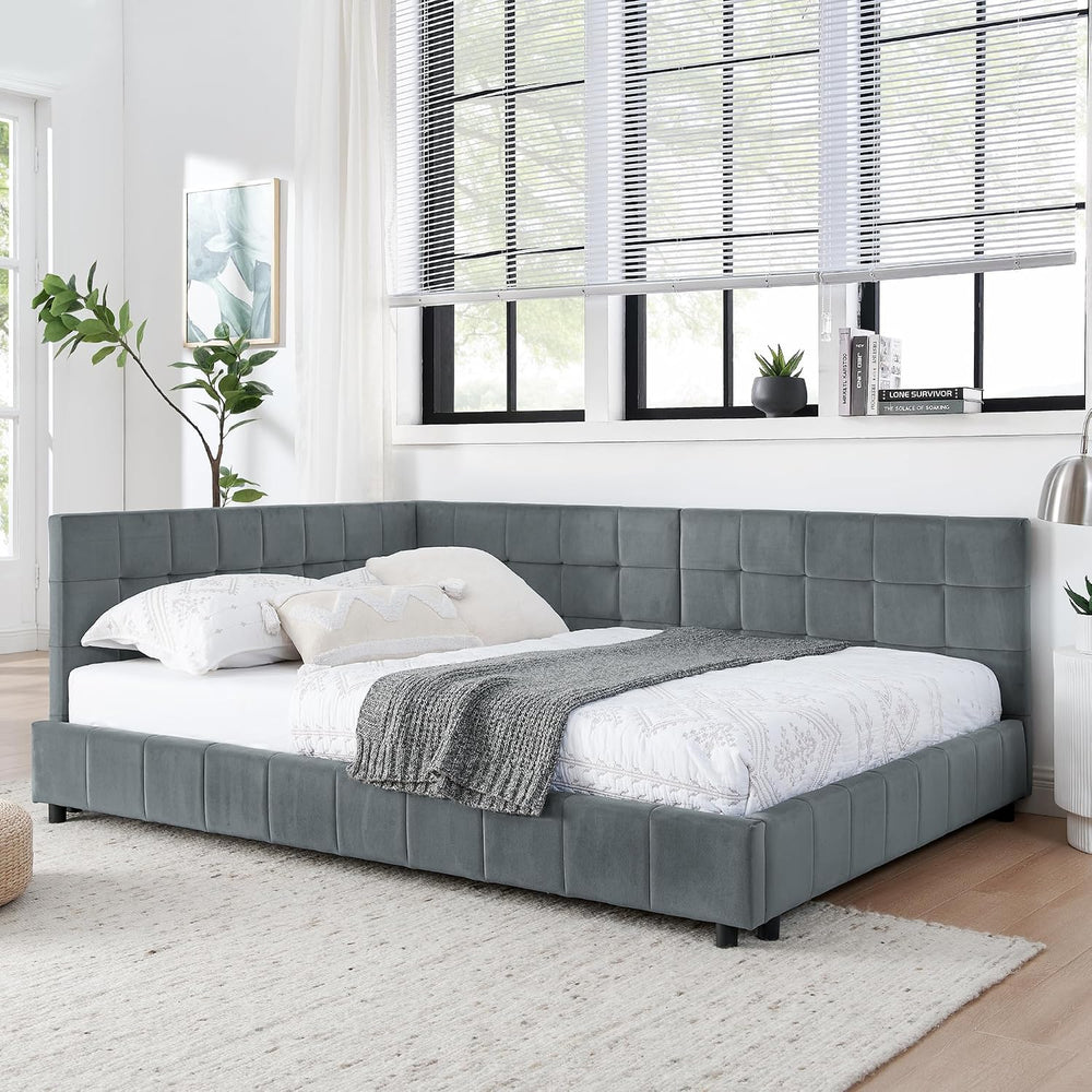 SOFTSEA Full Size Upholstered Corner Bed, Modern Daybed with L-Shaped Backres...
