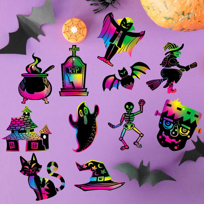 JOYIN 120 Pcs Halloween Rainbow Scratch Art Crafts for Kid, Halloween Party Favors, Scratch Off Paper with 18 Designs for Party Supplies, Classroom Activities Game Goodies Gifts