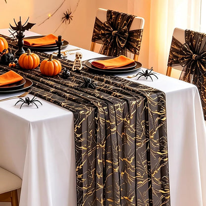 Halloween Black Table Runner Gold Party Decorations 10ft 3pcs Gauze Tulle