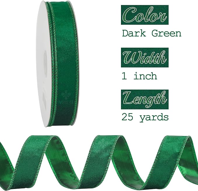 MEEDEE Dark Green Velvet 1 inch Thin Hunter Green Wired Ribbon 25 Yards Spool - Image 2