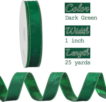 MEEDEE Dark Green Velvet 1 inch Thin Hunter Green Wired Ribbon 25 Yards Spool - Image 2