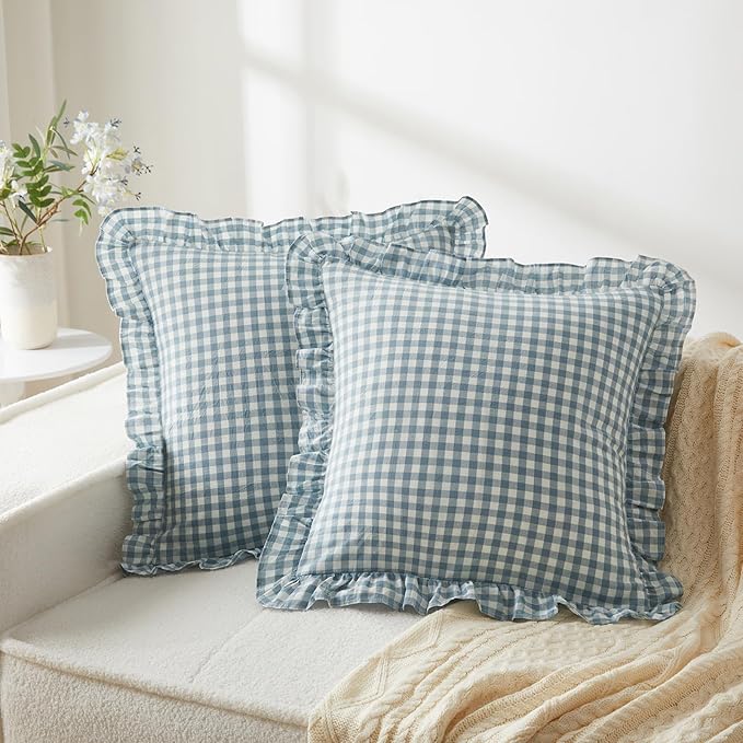 KKJIAF Ruffle Gingham Pillow Covers 26 x 26 Inches, Cotton Plaid Throw Pillow by KKJIAF