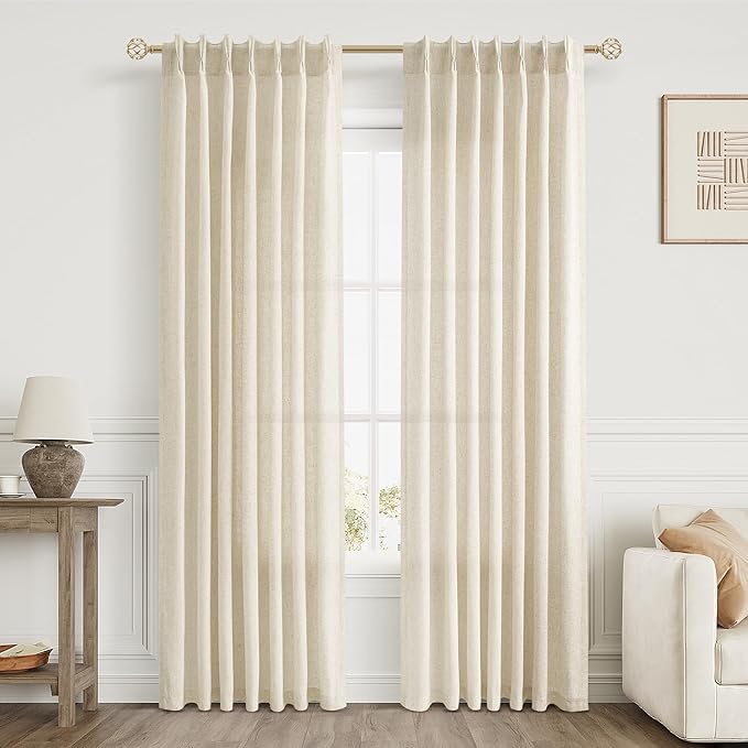 Beige Pinch Pleated Linen Curtains 84 Inch Length 2 Panels - Image 8