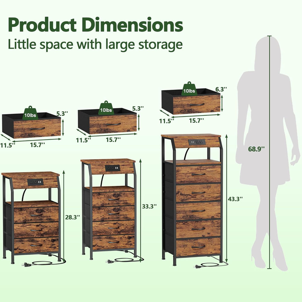 Furnulem Night Stand with Charging Station, 3 Fabric Drawers Bedside Table