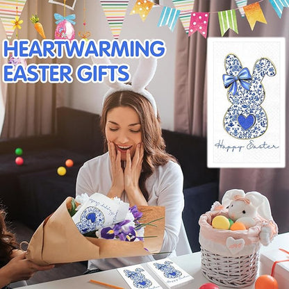 Peryiter 100 Pcs Easter Blue White Bunny Paper Napkins 13 x 15.7 Inch Retro - Image 6