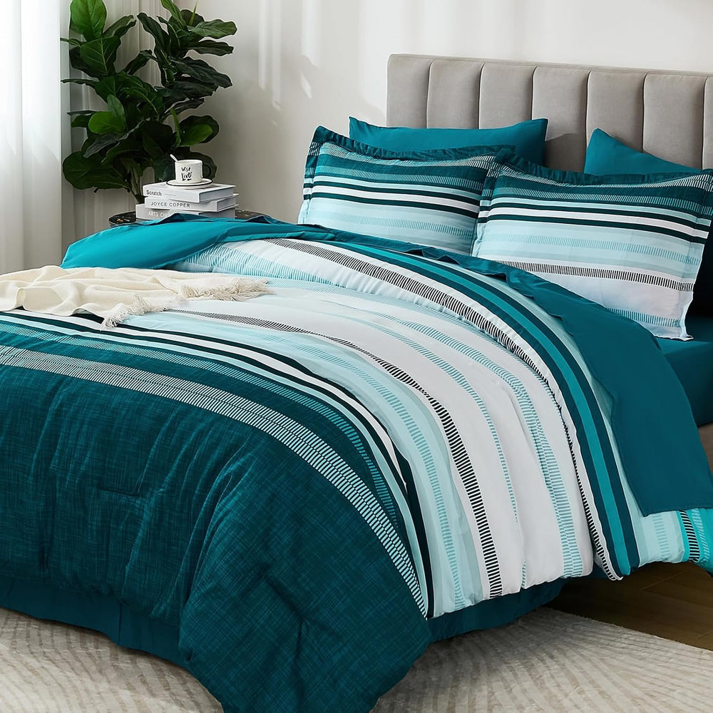 Dobuyly Teal Queen Comforter Set 7 Pieces, Blue Boho Striped Bed in a Bag Que...