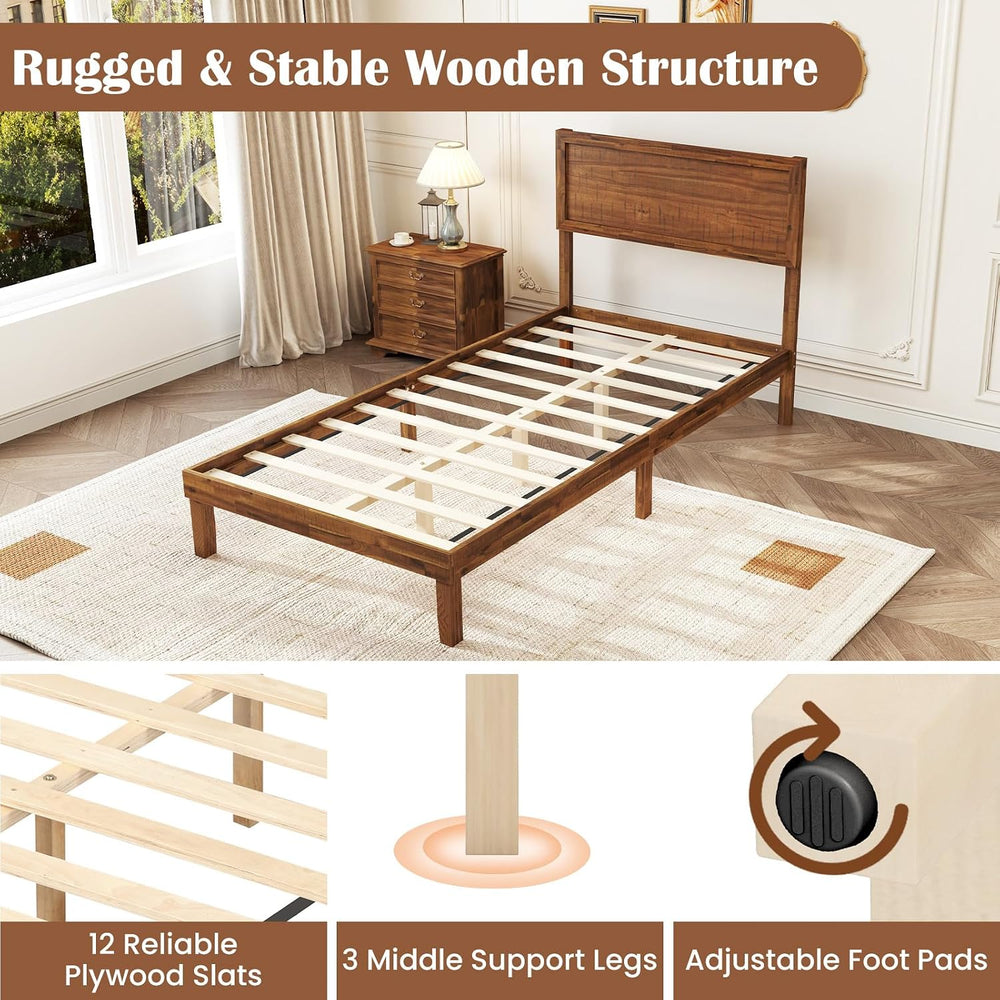 GIANTEX Wood Twin Bed Frames with Headboard, Mid Century Modern Platform Bed ...