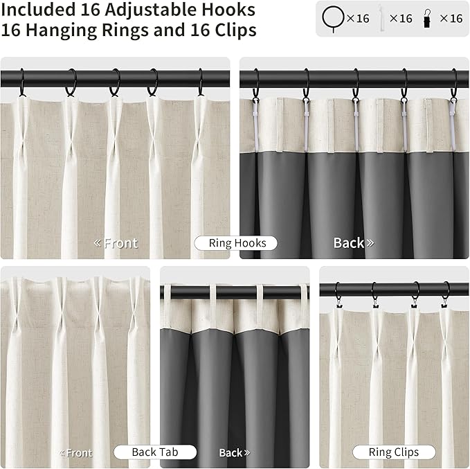 Joywell Pinch Pleat 100% Blackout Linen Curtains 94 Inches Long 2 Panels Set - Image 4