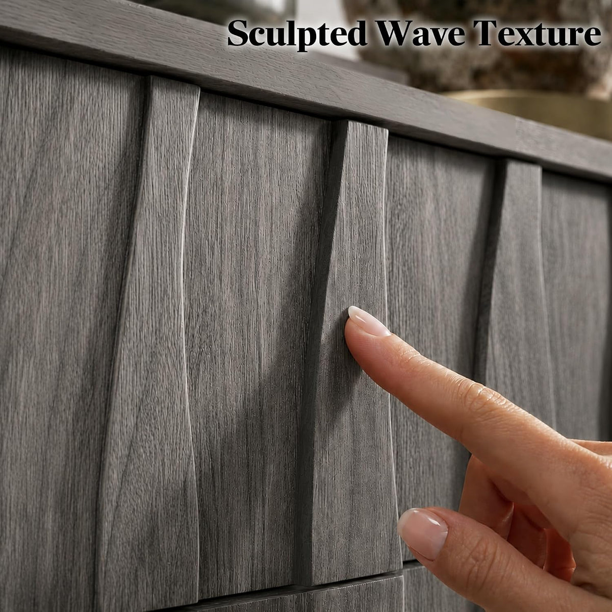 fluted 3‑drawer nightstand, 3d wave front table, gray, side view