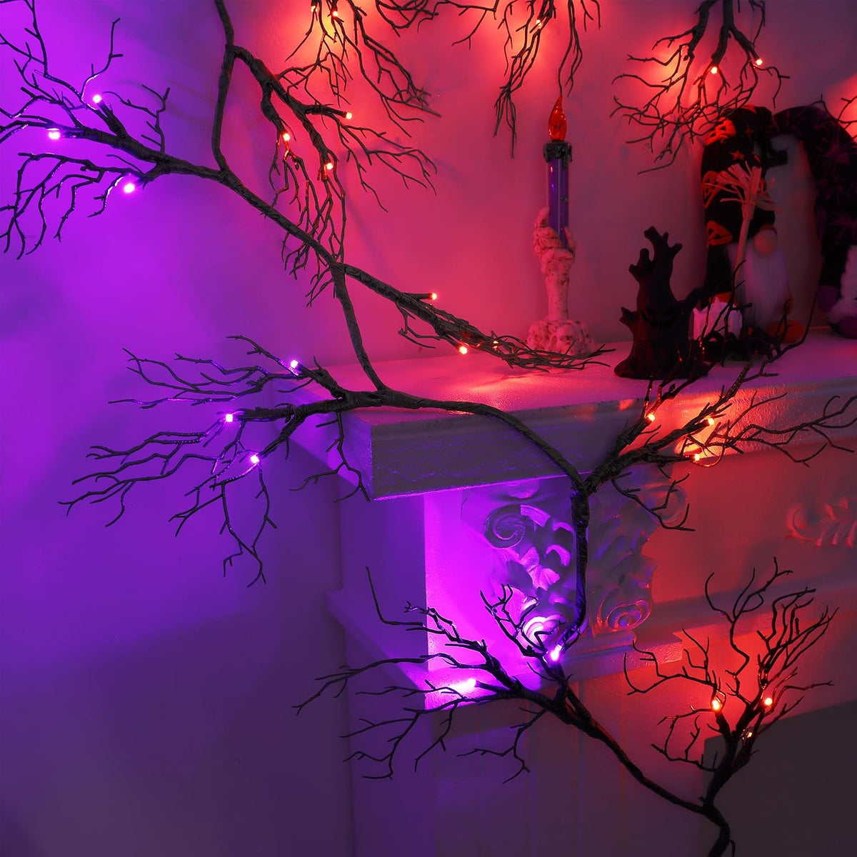 9 FT 66 LED Willow Vine Twig Decor Black Halloween Garland with Orange Purple Lights, Timer 8 Modes Waterproof Battery Operated Indoor Halloween Decorations for Wall Fireplace Mantle Home Office Decor