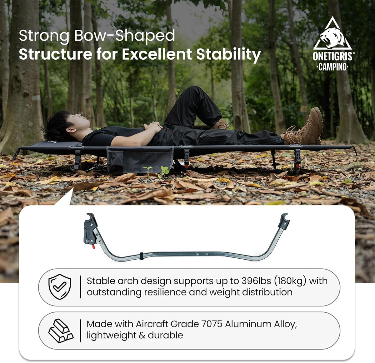 onetigris supragris camping cot, ultralight & compact, support showing dimensions