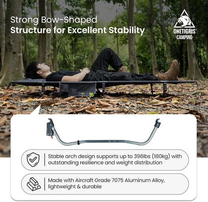 onetigris supragris camping cot, ultralight & compact, support showing dimensions