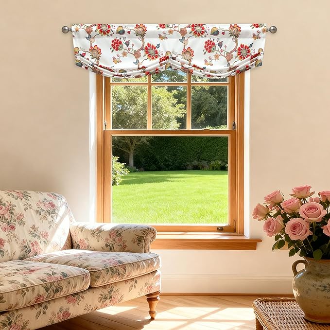 Leeva Red Vintage Floral Pleated Valance, Linen Textured Rod Pocket Curtain by Leeva