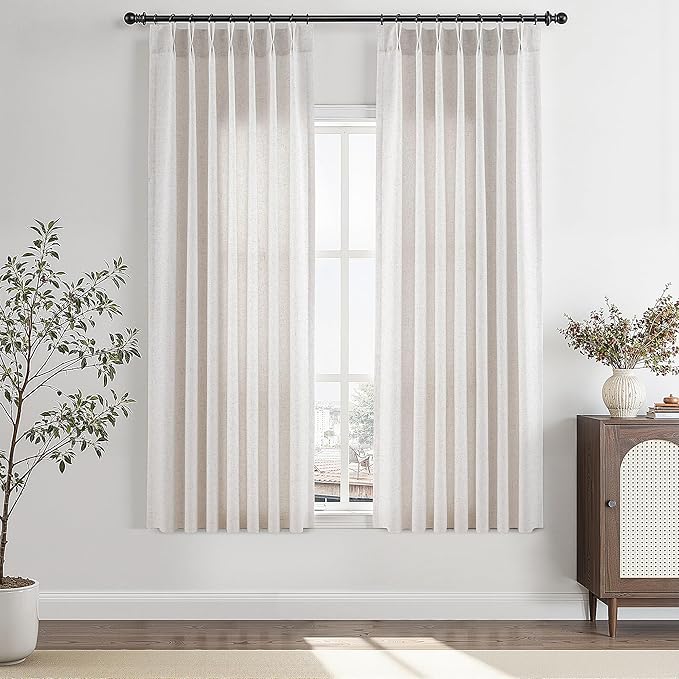 Beige White Pinch Pleated Linen Curtains 63 Inch Length 2 Panels by Aersas