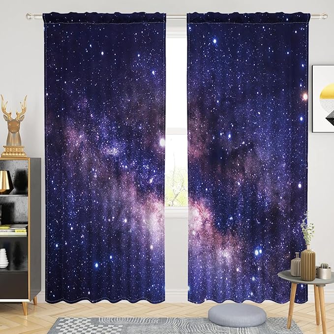 Renaiss 42 x 84 Inch Purple Galaxy Kitchen Window Curtains Tier Outer Space by Renaiss