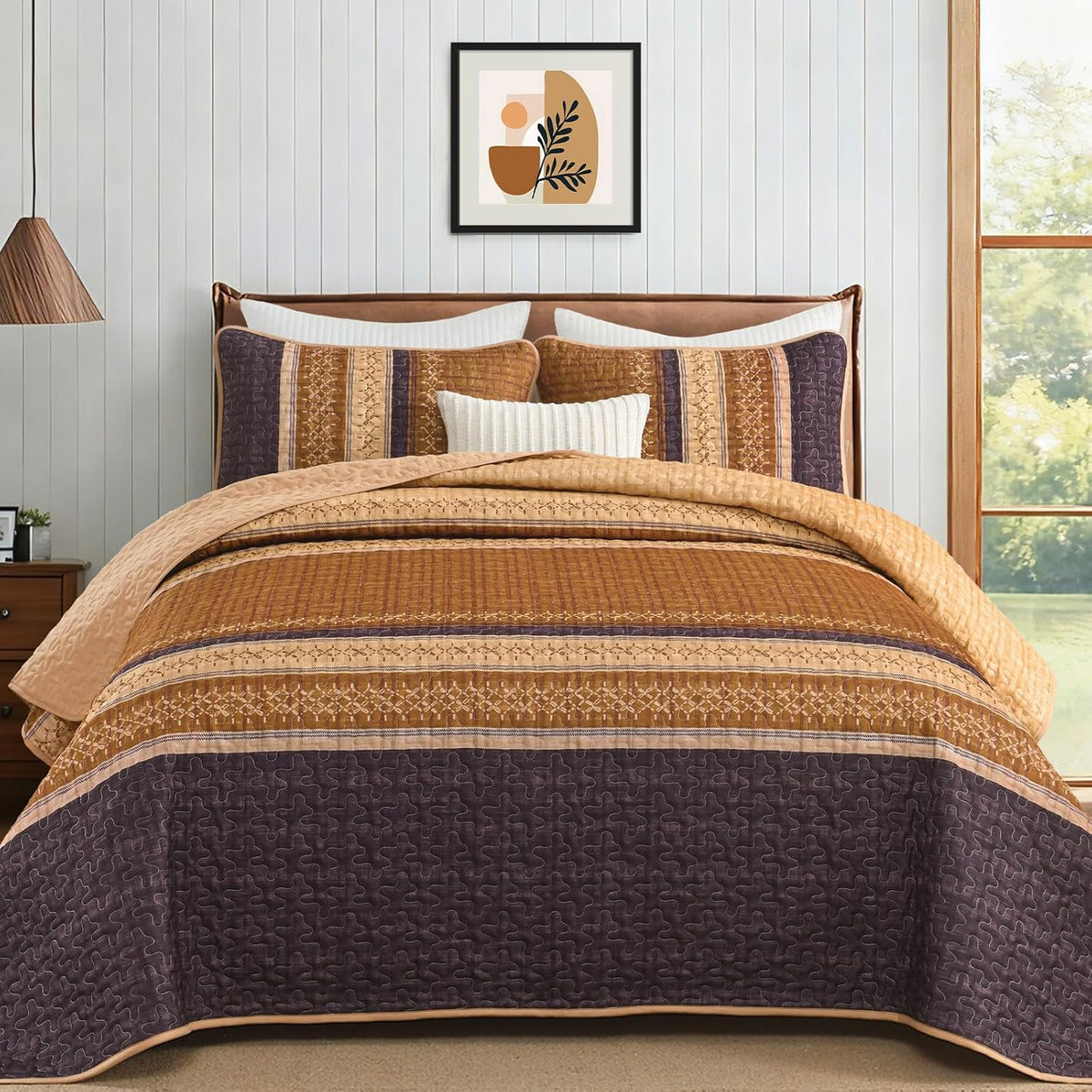 cottolester fall quilt set queen,burnt orange striped patchwork shown in use