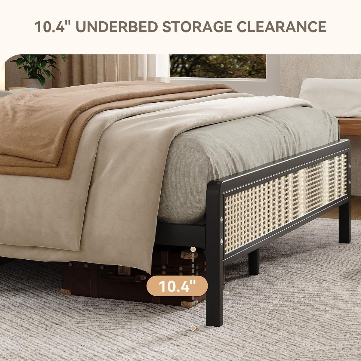 immerstable rattan full size bed frame with headboard, side view