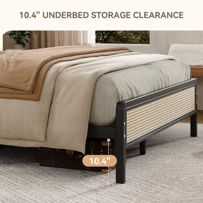 immerstable rattan full size bed frame with headboard, side view