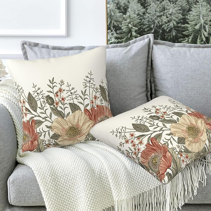 Vintage Poppy Flowers Throw Pillow Covers Set of 2 Blooming Flowers Pillow - Image 5