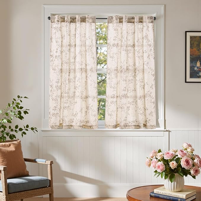 jinchan Floral Kitchen Curtains 45 Inch Linen Tier Curtains Farmhouse Cafe Half - Image 4