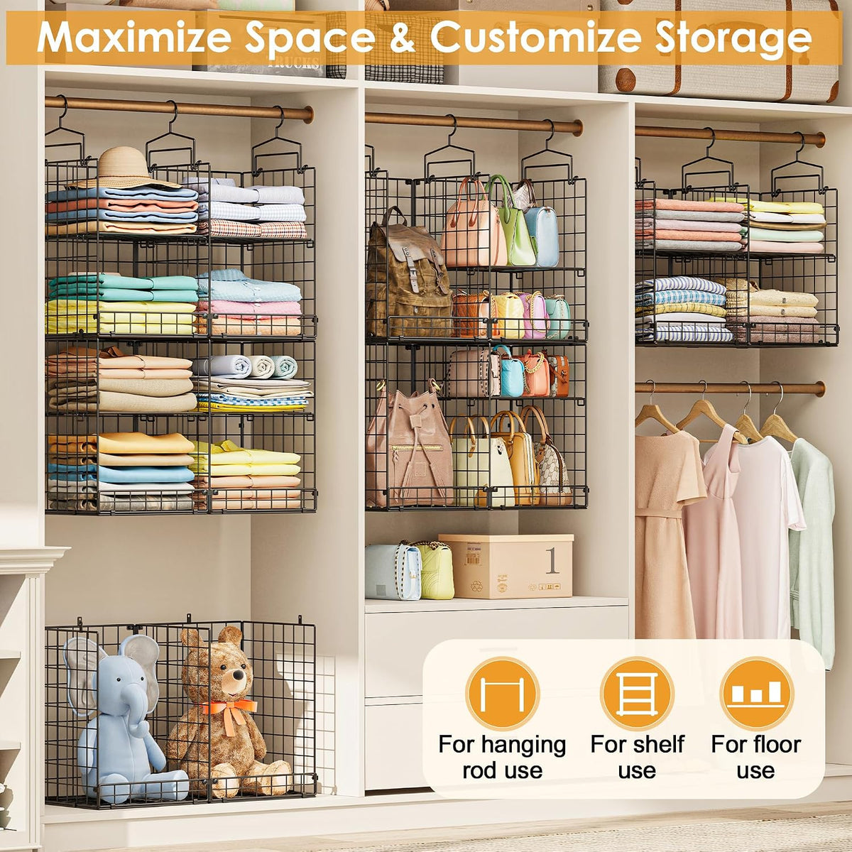 hanging closet organizer with diy spacing, double-row closet, package contents