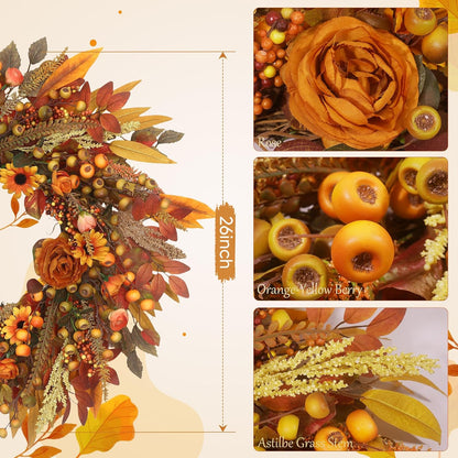 Fall Wreath for Front Door 26 Inch, Autumn Harvest Wreath Sunflowers Roses Acorns Berries, Thanksgiving Halloween Farmhouse Rustic Grapevine Twig Decor