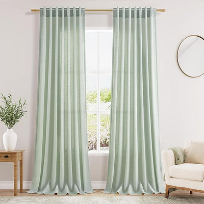 Nanspring Aqua Green Linen Curtains 102 Inches Long Rod Pocket Back Tab Drapes by Nanspring
