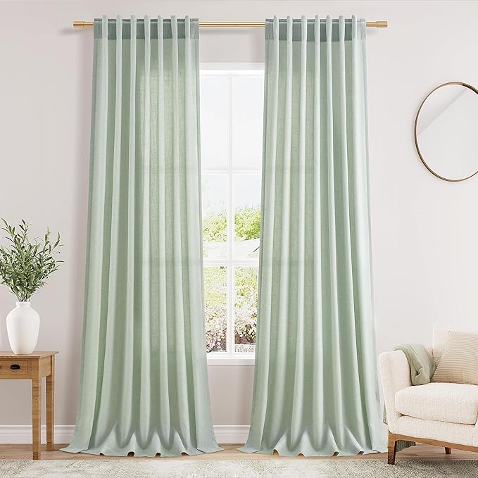 Aqua Green Linen Curtains 90 Inch Long 2 Panels Set by Nanspring